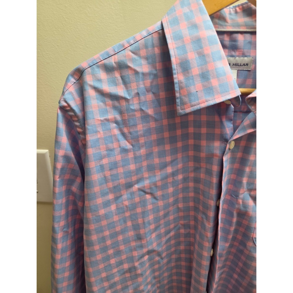 Peter Millar Mens Large Gingham Button Down Shirt Pink Blue Cotton Stretch L - Picture 4 of 9